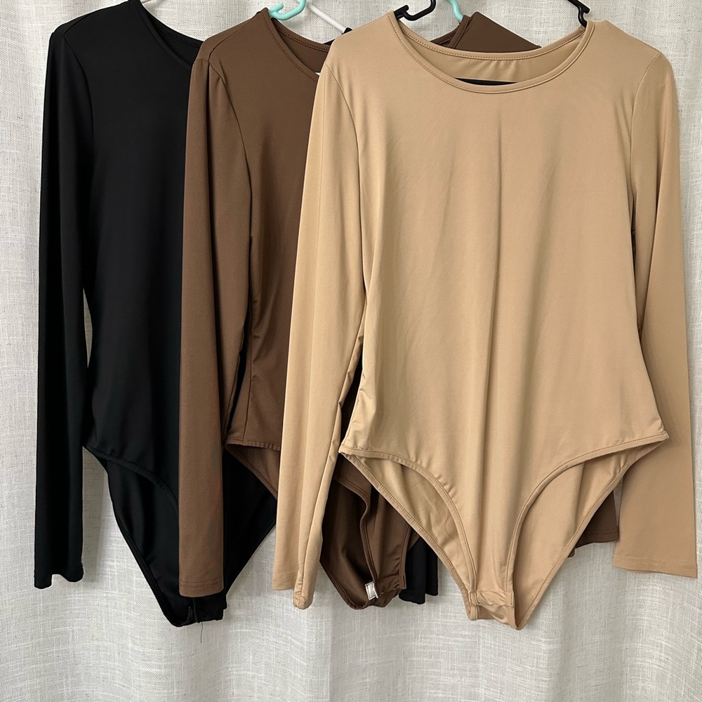 SHEIN Classic Long Sleeve Bodysuit - Black, Brown, Cream